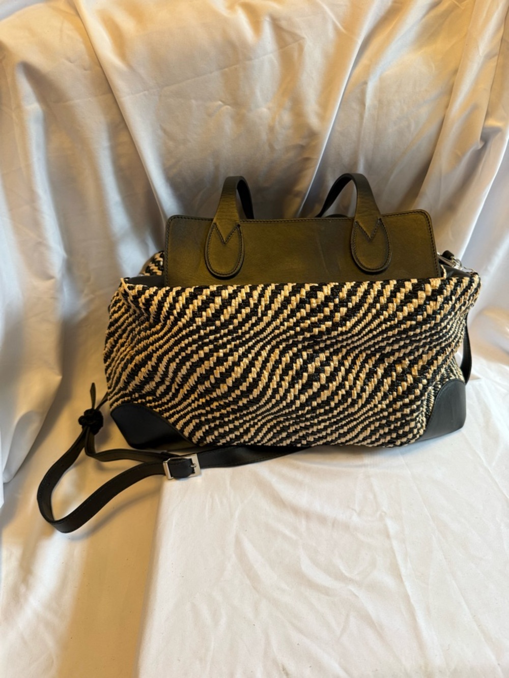 Woven Black & Cream Shoulder Tote with Black Leather Trim